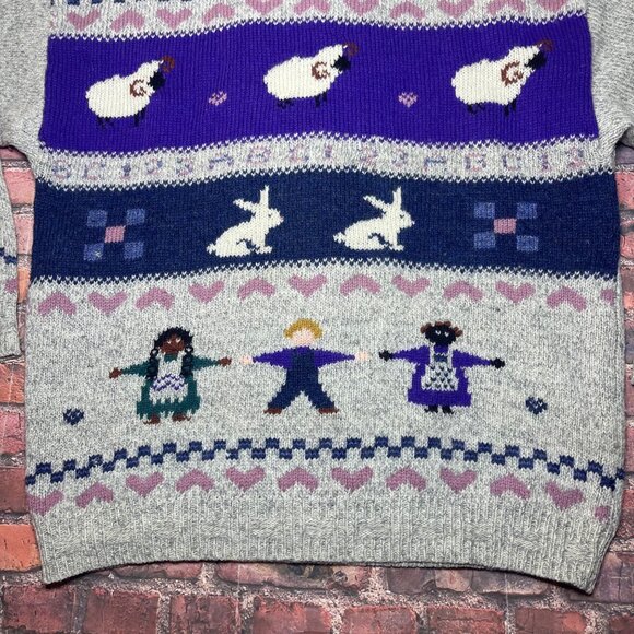 Vintage Womens Farm Cottage Core Sweater Wool Blend Rabbits Sheep 90s - Picture 2 of 8